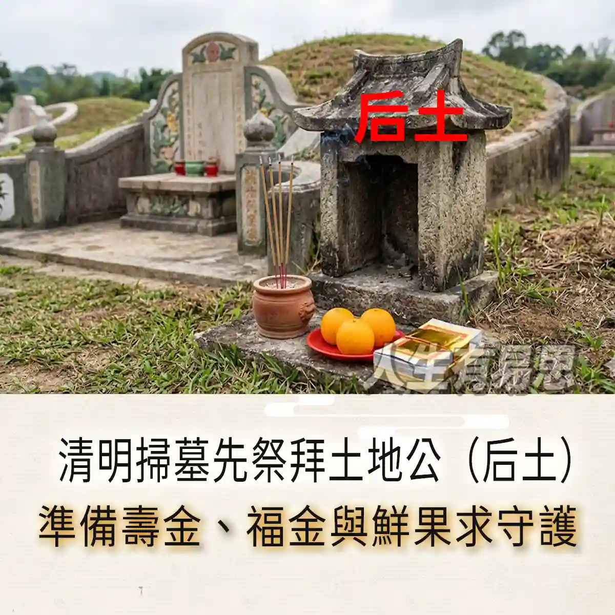 清明掃墓先祭拜土地公（后土）示意圖，準備壽金、福金與鮮果求守護
