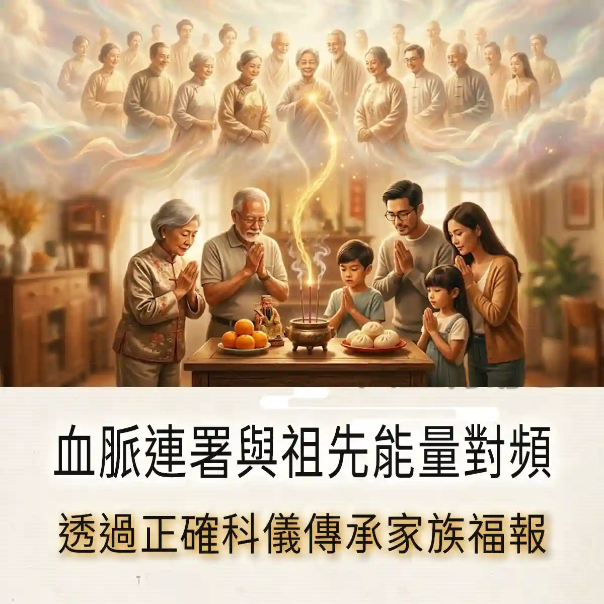 清明掃墓血脈連署與祖先能量對頻示意圖，象徵透過正確科儀傳承家族福報