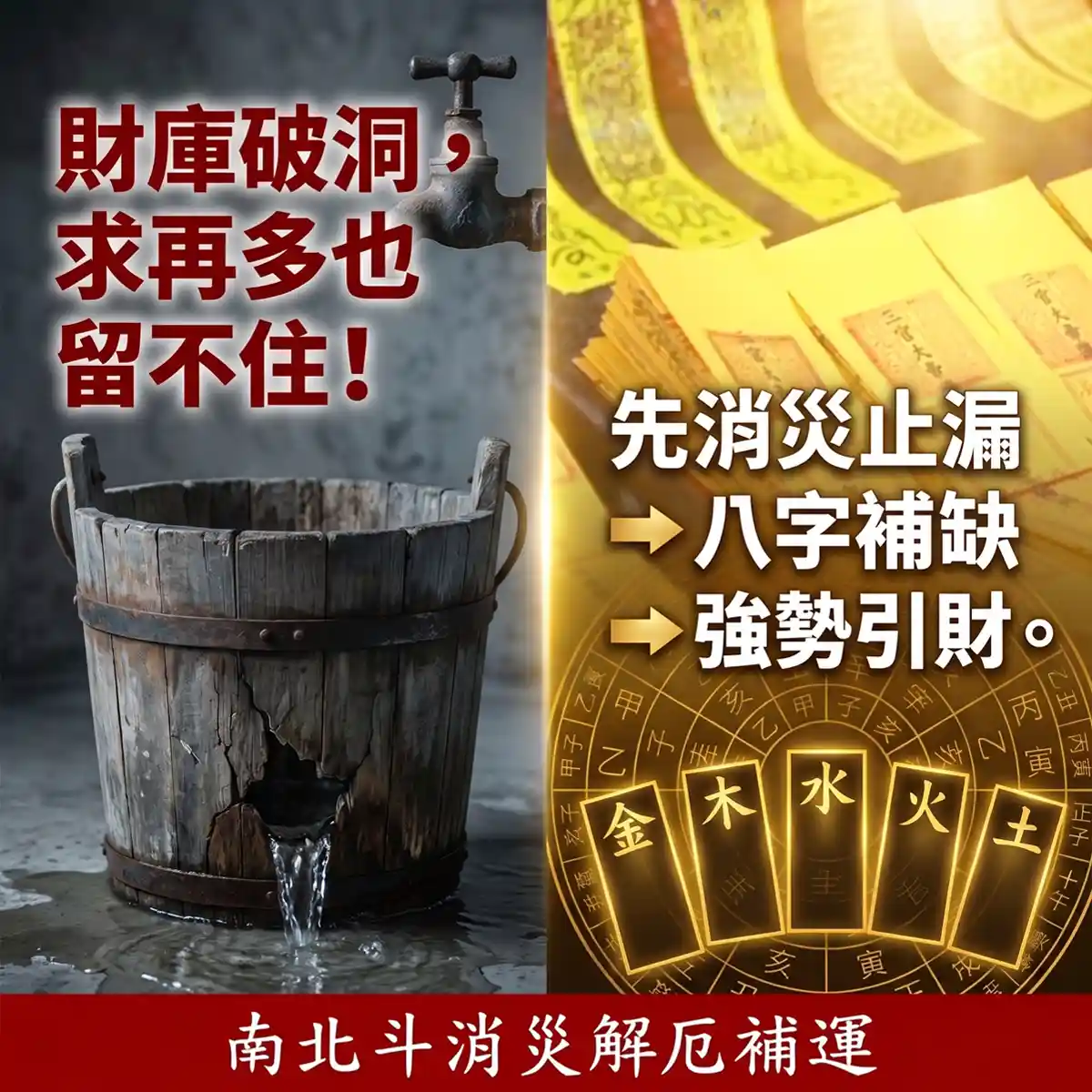 人生有易思-財庫破洞漏水對比八字五行補缺，說明南北斗消災止漏與強勢引財邏輯。